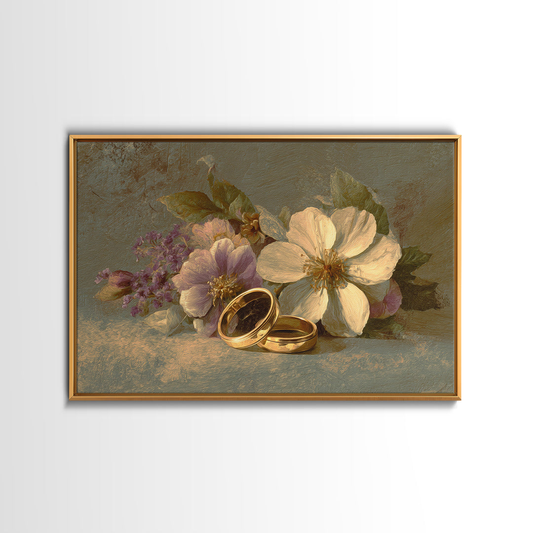 Gold Rings Resting on Velvet and Flowers Framed Canvas Print, Wedding Art, Wedding Guestbook, Living Room Decor, Romance, WED-3x2-31