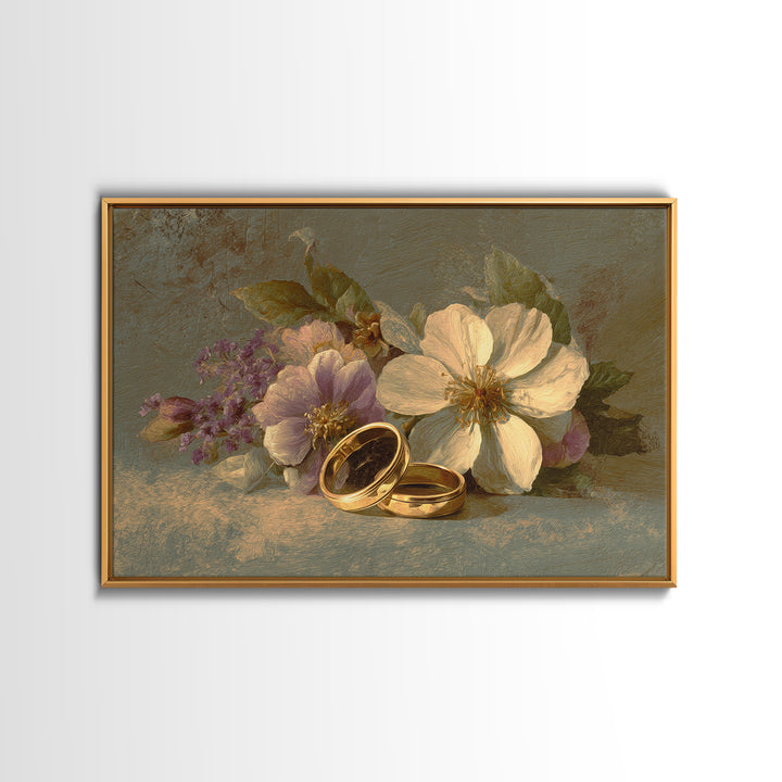 Gold Rings Resting on Velvet and Flowers Framed Canvas Print, Wedding Art, Wedding Guestbook, Living Room Decor, Romance, WED-3x2-31