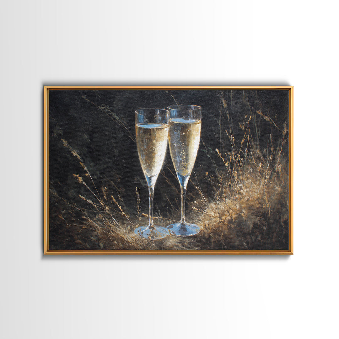 Champagne Glasses with Delicate Sparkle Canvas Print, Wedding Art, Custom Art, Living Room Decor, Watercolor Art, Romance, WED-3x2-34