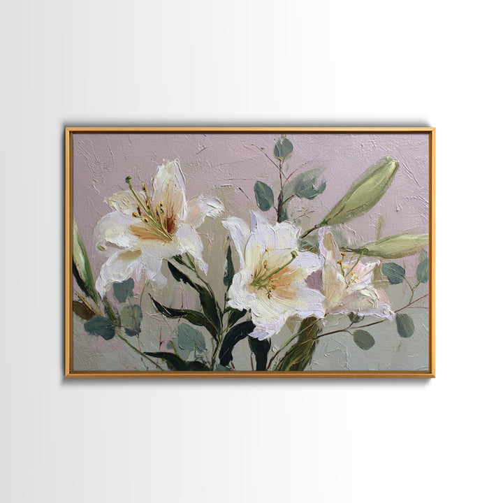 White Lilies and Eucalyptus Arrangement Canvas Print, Wedding Art, Wedding Guestbook, Living Room Decor, Oil Painting, Romance, WED-3x2-37