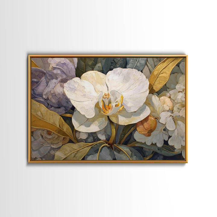 White Orchid and Gold Ribbon Composition Canvas Print, Wedding Art, Wedding Sign, Living Room Decor, Abstract Art, Romance, WED-3x2-52