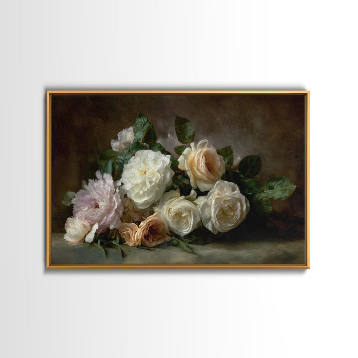 Romantic Bouquet of White Roses and Peonies Canvas Print, Wedding Art, Downloadable Art, Living Room Decor, Fine Art, Romance, WED-3x2-53