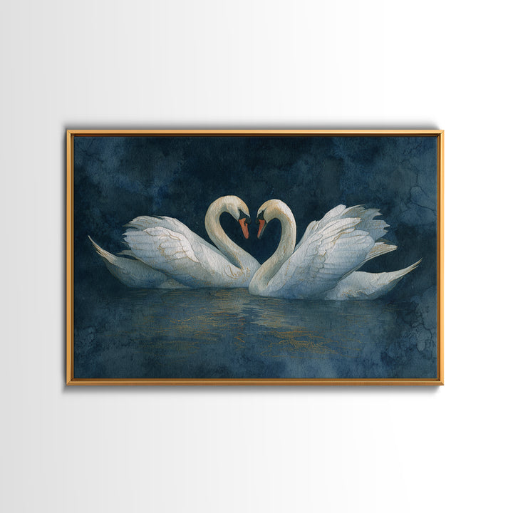 Two Swans Forming a Heart on Dark Framed Canvas Print, Wedding Art, Art Print, Living Room Decor, Romance, Downloadable Art, WED-3x2-6