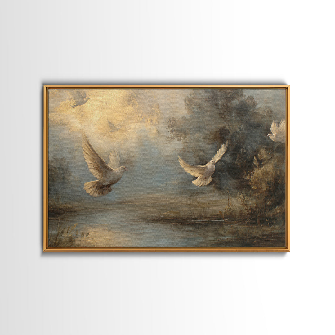 Doves Flying Through Soft Golden Light Framed Canvas Print, Wedding Art, Contemporary Art, Living Room Decor, Fine Art, Romance, WED-3x2-63