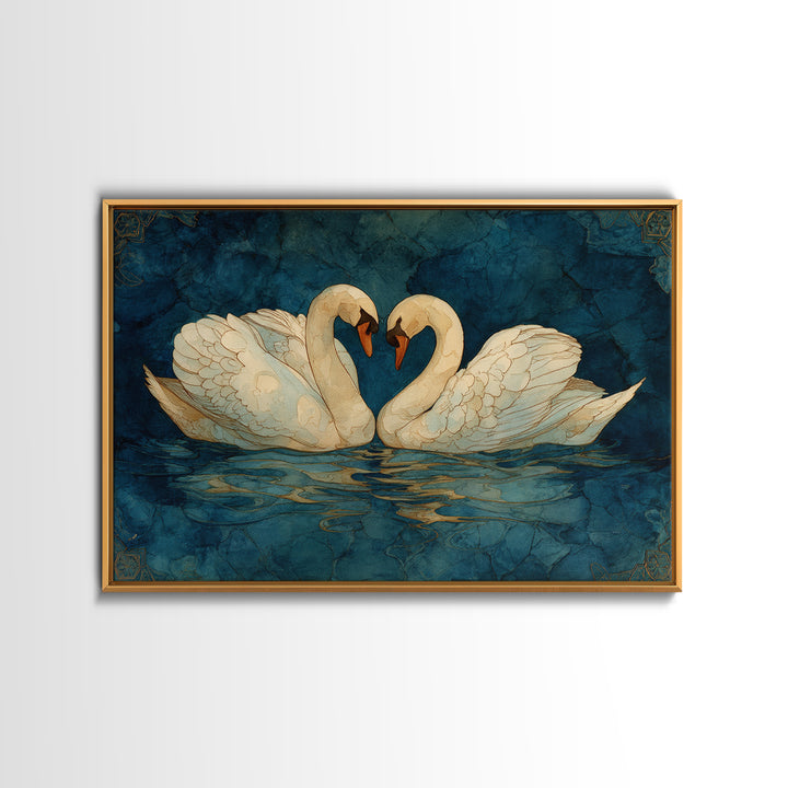 Two Swans Forming a Heart on Dark Framed Canvas Print, Wedding Art, Wedding Decoration, Living Room Decor, Fine Art, Romance, WED-3x2-78