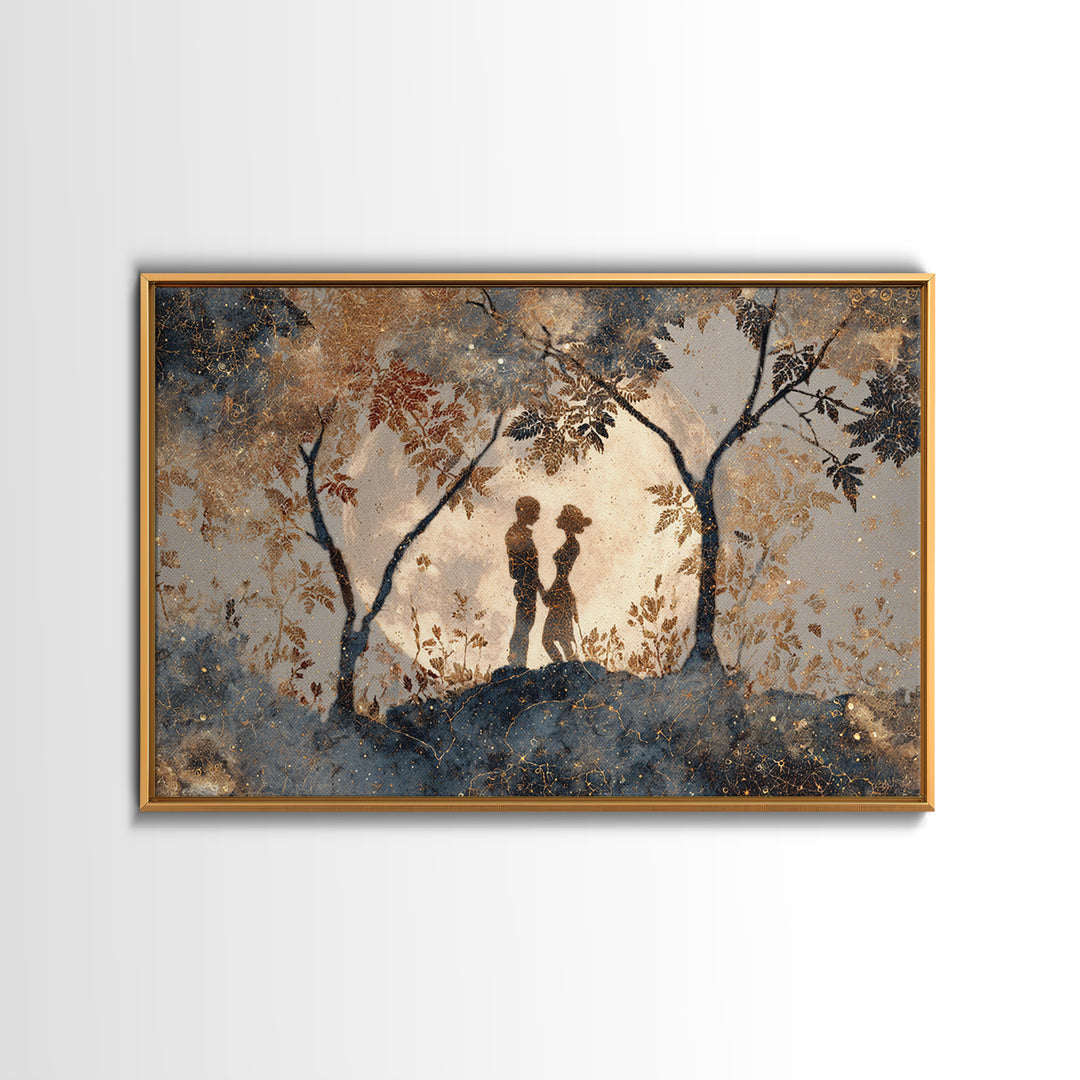 Couple Silhouette Beneath Moonlit Trees Framed Canvas Print, Wedding Art, Rustic Wedding, Living Room Decor, Fine Art, Romance, WED-3x2-81