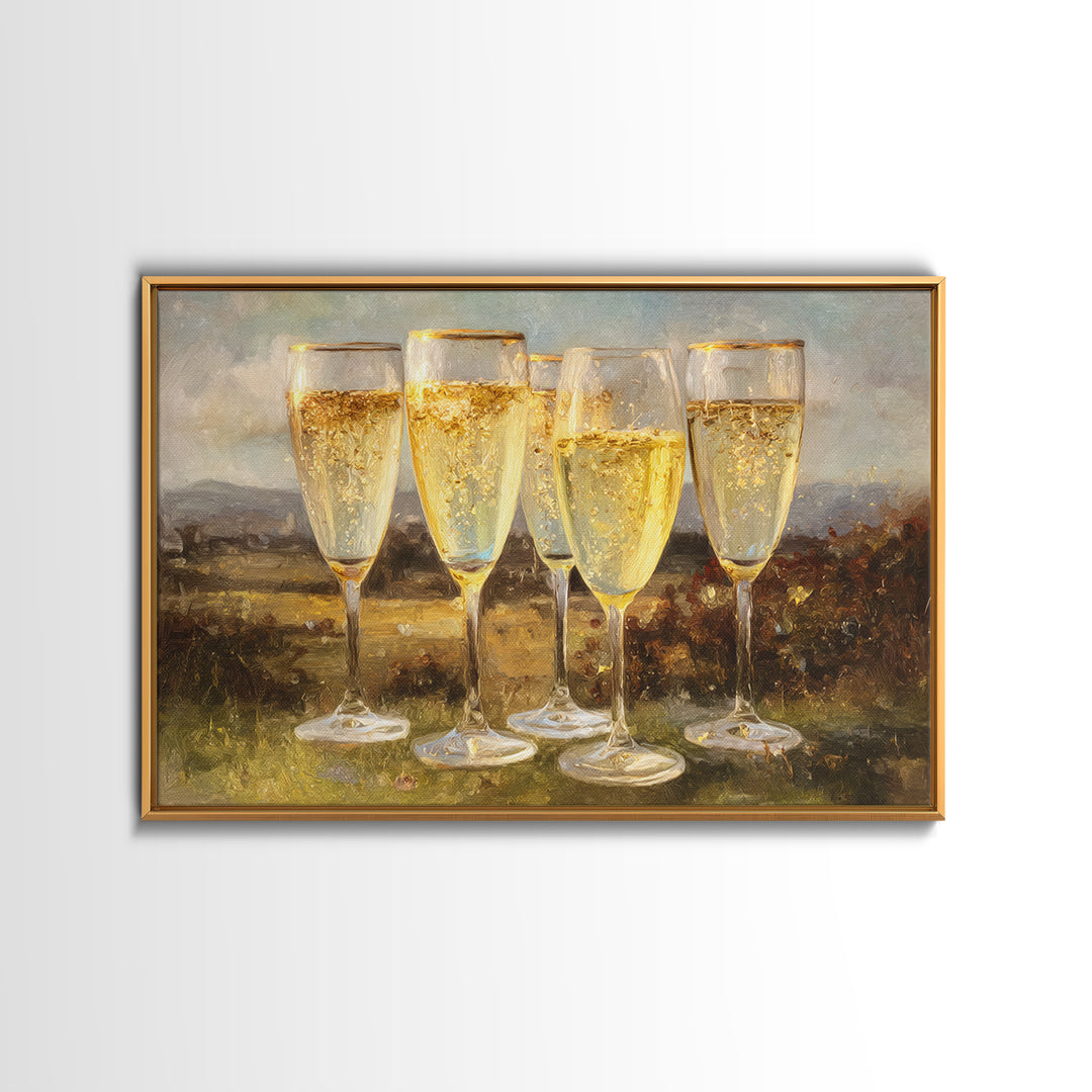 Champagne Glasses with Delicate Sparkle Framed Canvas Print, Wedding Art, Downloadable Art, Living Room Decor, Oil Painting, WED-3x2-82