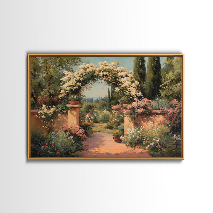 Romantic Garden Arch Covered Framed Canvas Print, Wedding Art, Custom Wedding Gift, Living Room Decor, Watercolor Art, Romance, WED-3x2-86