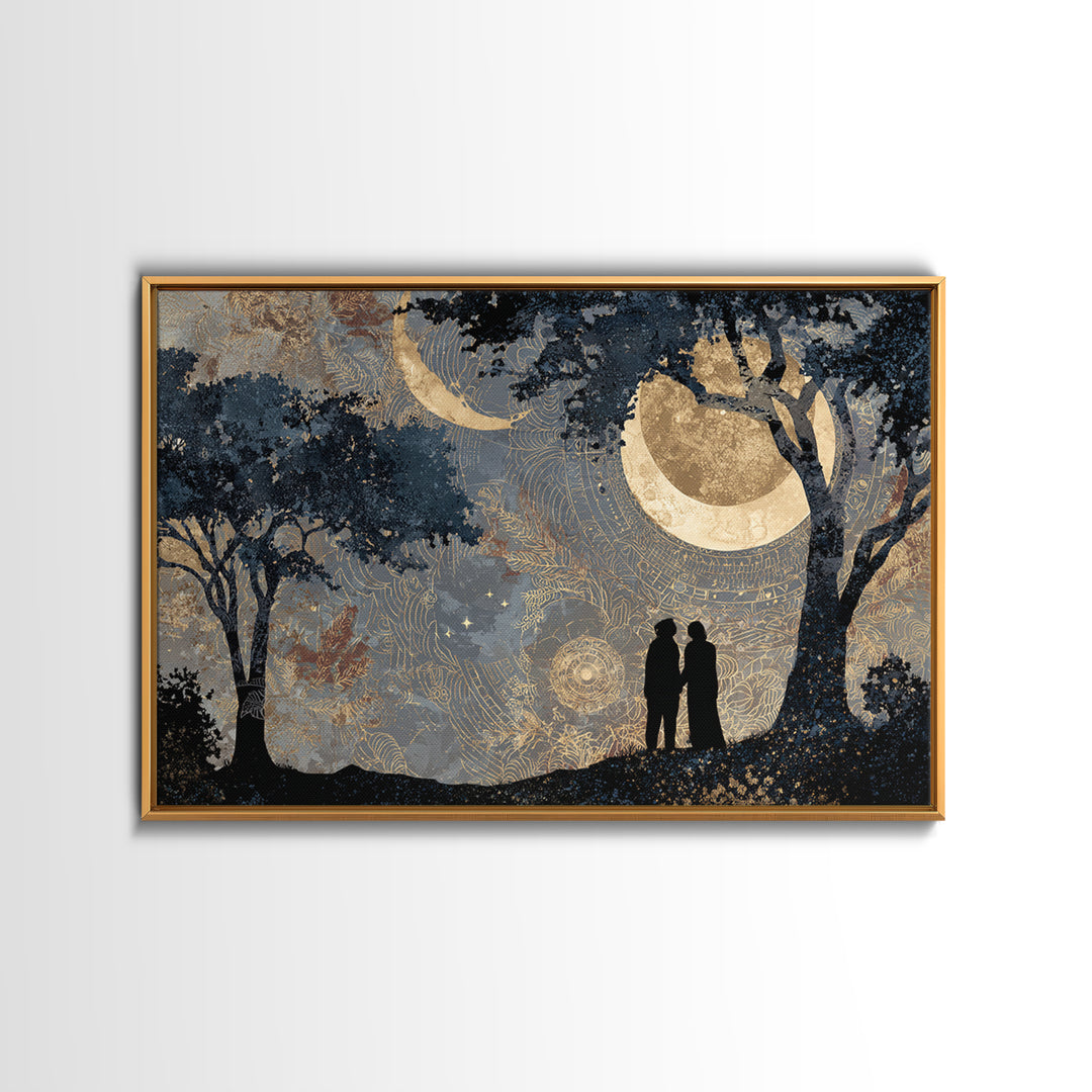 Couple Silhouette Beneath Moonlit Trees Framed Canvas Print, Wedding Art, Wedding Sign, Living Room Decor, Fine Art, Romance, WED-3x2-9