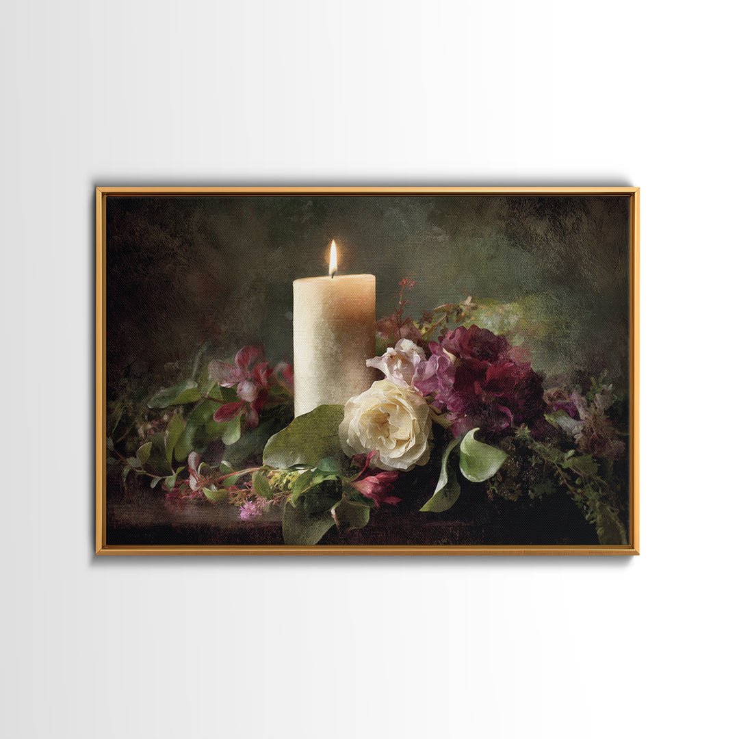 Romantic Candle and Floral Still Life Canvas Print, Wedding Art, Jewish Art, Living Room Decor, Oil Painting, Romance, WED-3x2-98