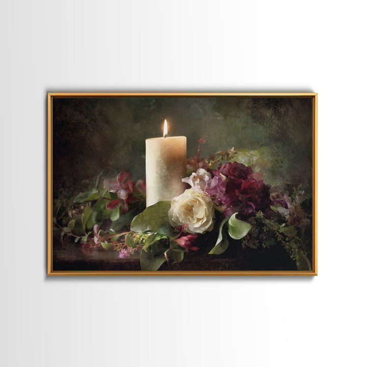 Romantic Candle and Floral Still Life Canvas Print, Wedding Art, Jewish Art, Living Room Decor, Oil Painting, Romance, WED-3x2-98