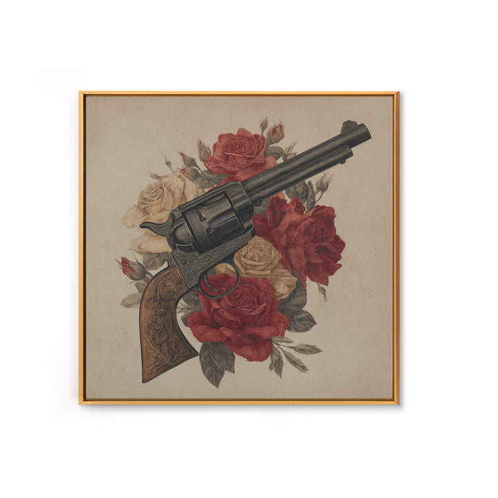 Old Revolver and Roses Canvas Print, Western Art, Landscape Painting, Southwestern Decor, Watercolor Art, Frontier, WES-1x1-19
