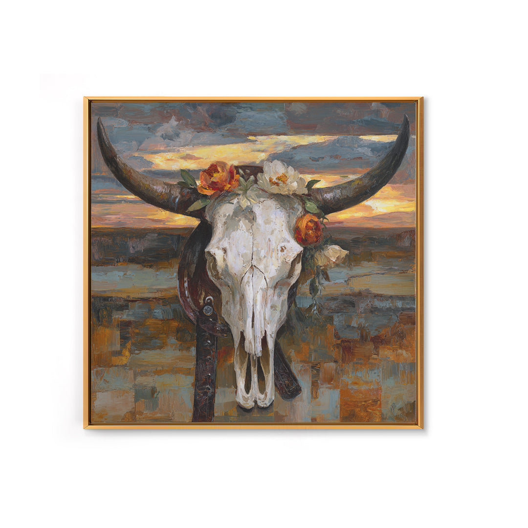 Longhorn Skull with Desert Flowers Framed Canvas Print, Western Art, Cowboy Art, Southwestern Decor, Oil Painting, Frontier, WES-1x1-27