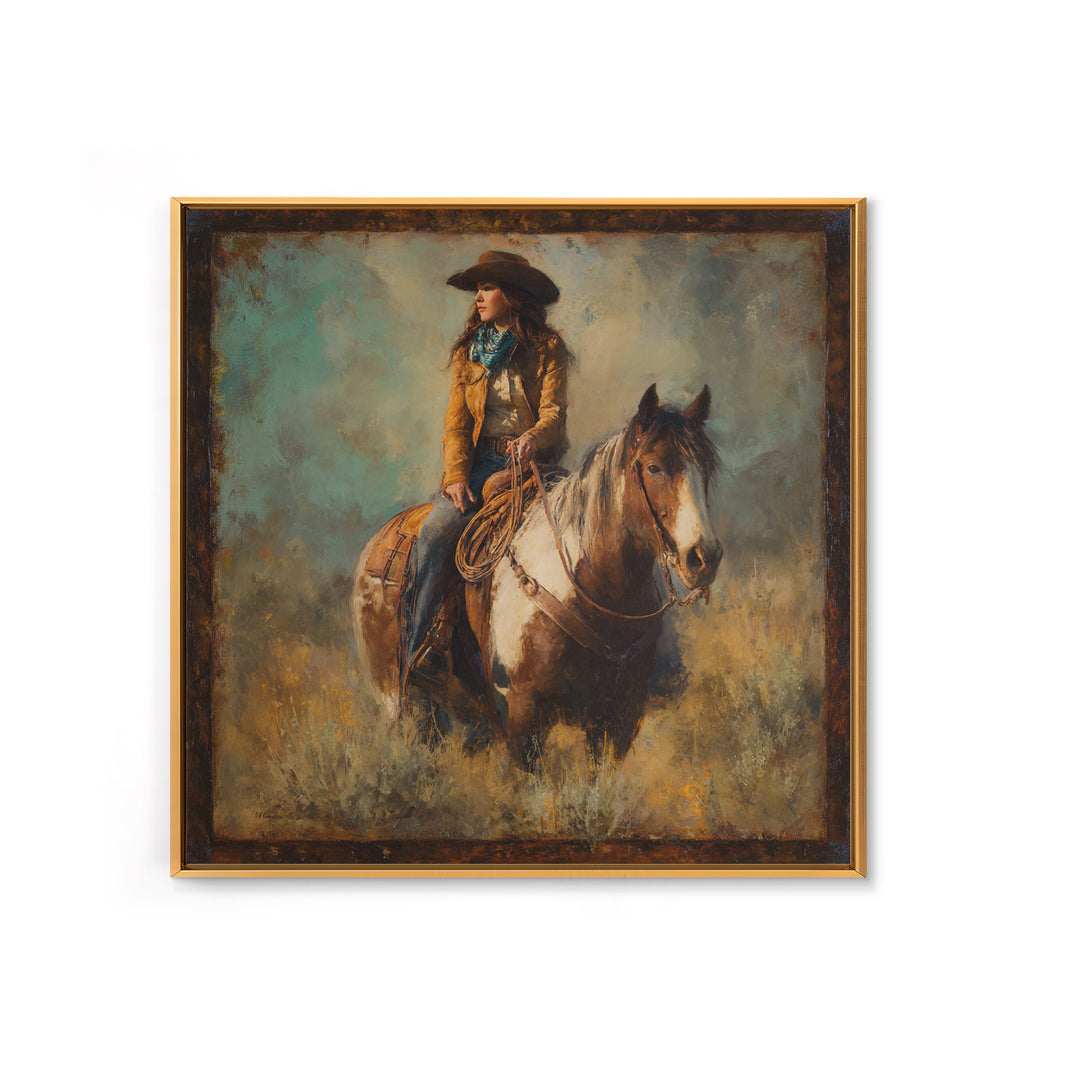 Cowgirl Portrait with Turquoise Jewelry Canvas Print, Western Art, Desert Art, Southwestern Decor, Oil Painting, Frontier, WES-1x1-30