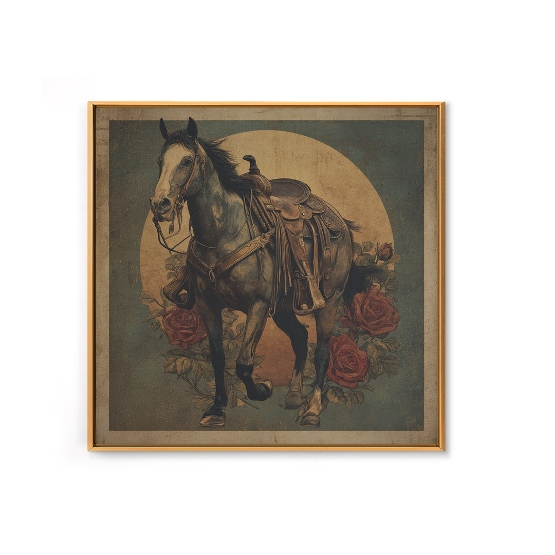 Old Revolver and Roses Framed Canvas Print, Western Art, Native American Art, Southwestern Decor, Oil Painting, Frontier, WES-1x1-43