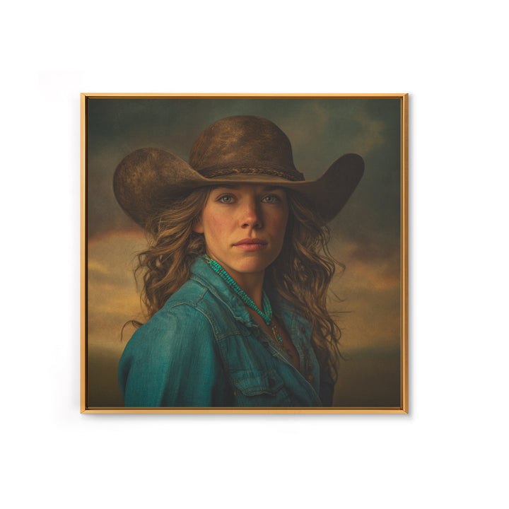 Cowgirl Portrait with Turquoise Jewelry Framed Canvas Print, Western Art, Southwestern Decor, Fine Art, Frontier, Boho Decor, WES-1x1-6