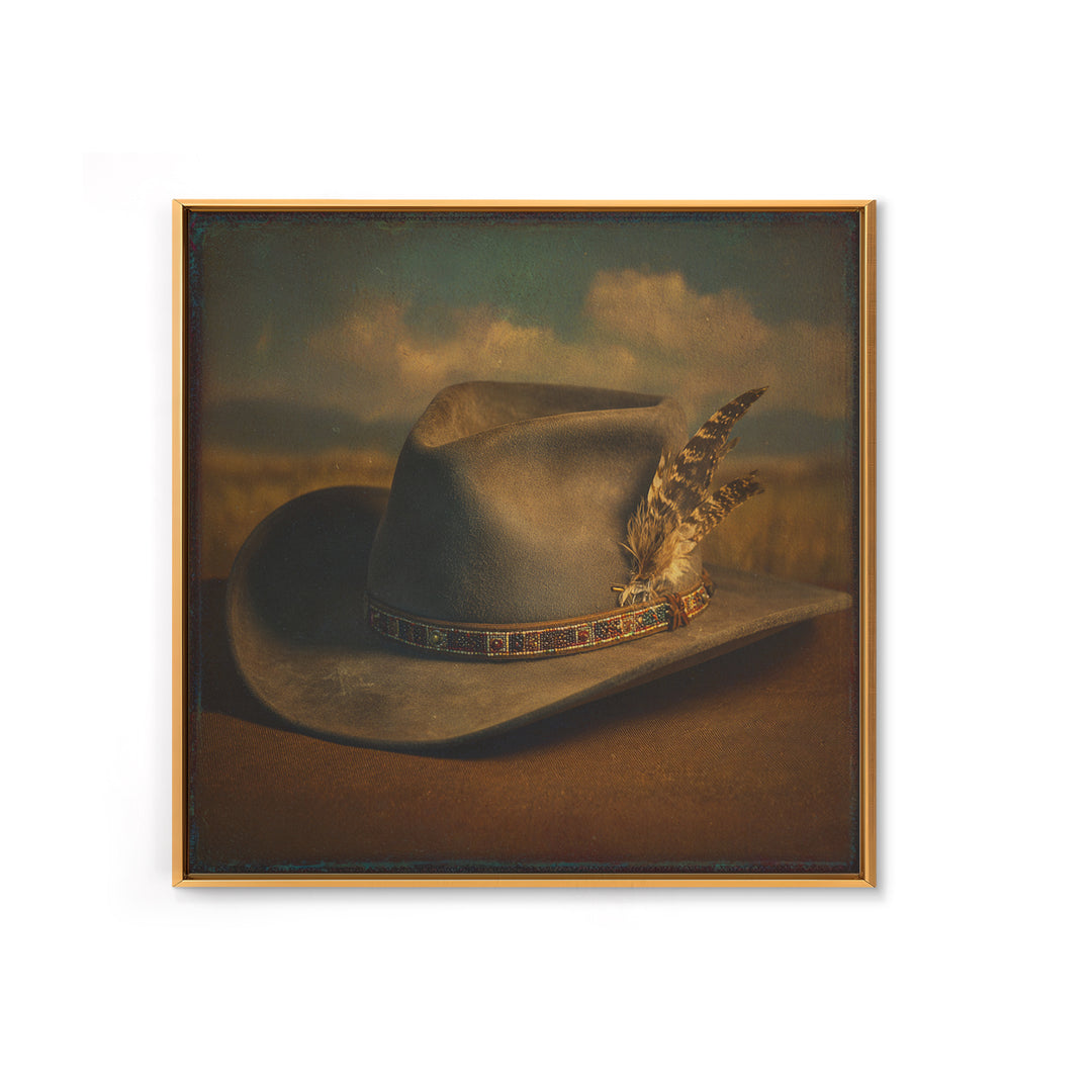 Cowboy Hat with Feathers and Beads Framed Canvas Print, Western Art, Western Print, Southwestern Decor, Fine Art, Frontier, WES-1x1-70