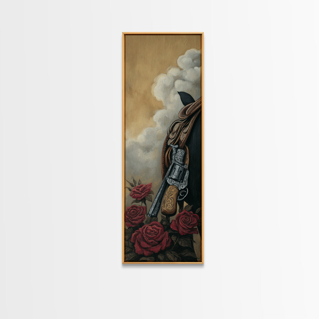 Old Revolver and Roses Framed Canvas Print, Western Art, Western Print, Southwestern Decor, Fine Art, Frontier, WES-1x3-79