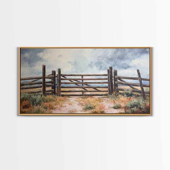 Sun Bleached Ranch Gate Framed Canvas Print, Western Art, Wall Art, Southwestern Decor, Watercolor Art, Frontier, WES-2x1-35