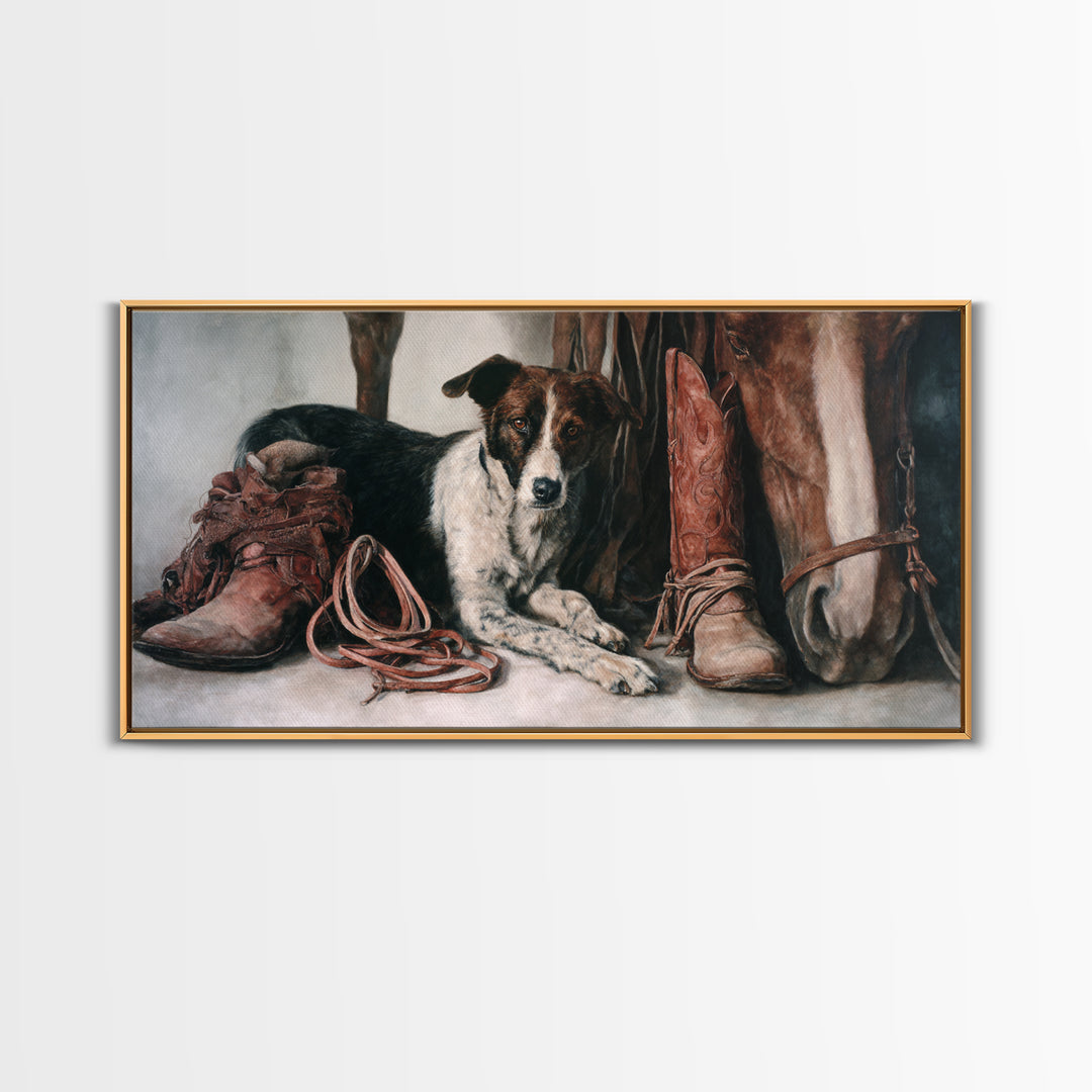 Ranch Dog Beside Worn Boots Canvas Print, Western Art, Printable Wall Art, Southwestern Decor, Frontier, Downloadable Art, WES-2x1-41
