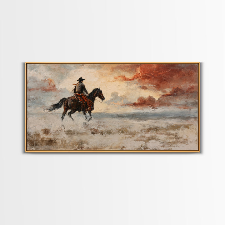 Cowboy Riding Across Dusty Sunset Plains Framed Canvas Print, Western Art, Western Decor, Southwestern Decor, Frontier, WES-2x1-45
