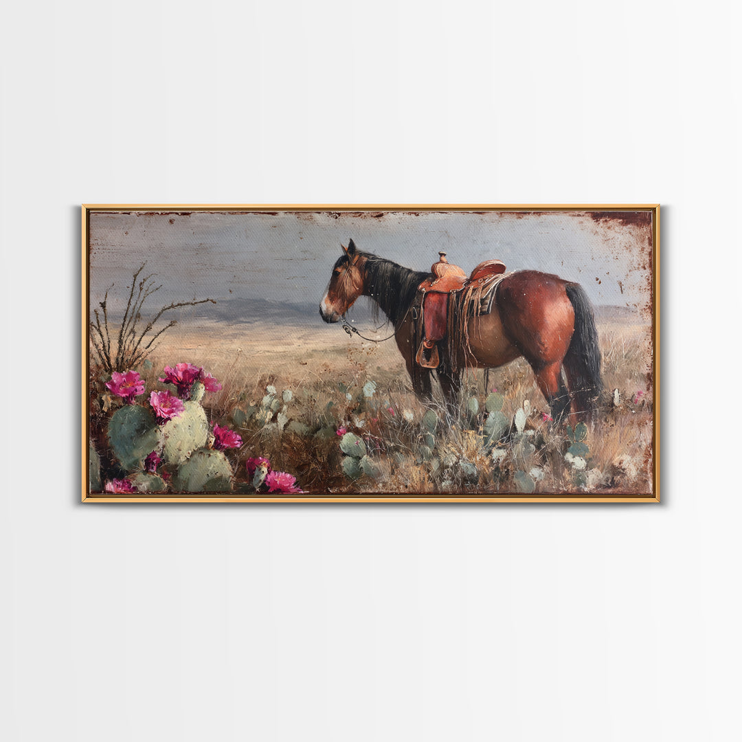 Prickly Pear Cactus Framed Canvas Print, Western Art, Oil Painting, Southwestern Decor, Frontier, Digital Download Art, WES-2x1-60