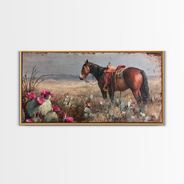 Prickly Pear Cactus Framed Canvas Print, Western Art, Oil Painting, Southwestern Decor, Frontier, Digital Download Art, WES-2x1-60