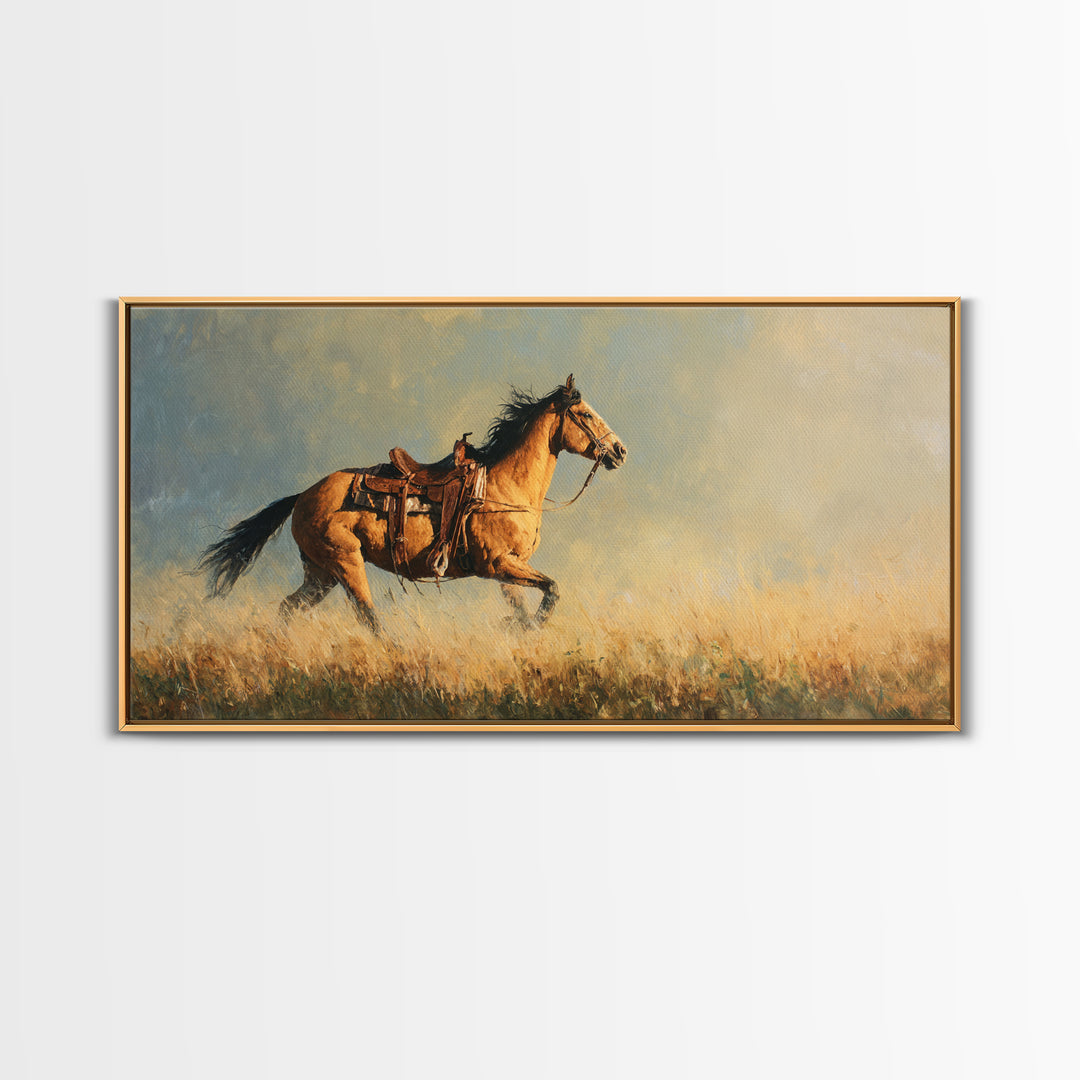 Buckskin Horse in Golden Prairie Light Framed Canvas Print, Western Art, Room Decor, Southwestern Decor, Fine Art, Frontier, WES-2x1-75