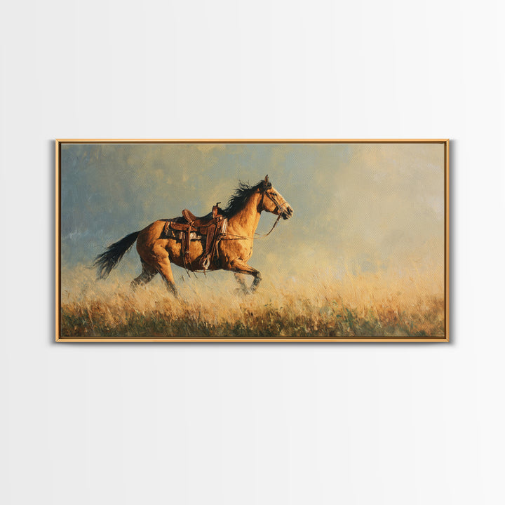 Buckskin Horse in Golden Prairie Light Framed Canvas Print, Western Art, Room Decor, Southwestern Decor, Fine Art, Frontier, WES-2x1-75