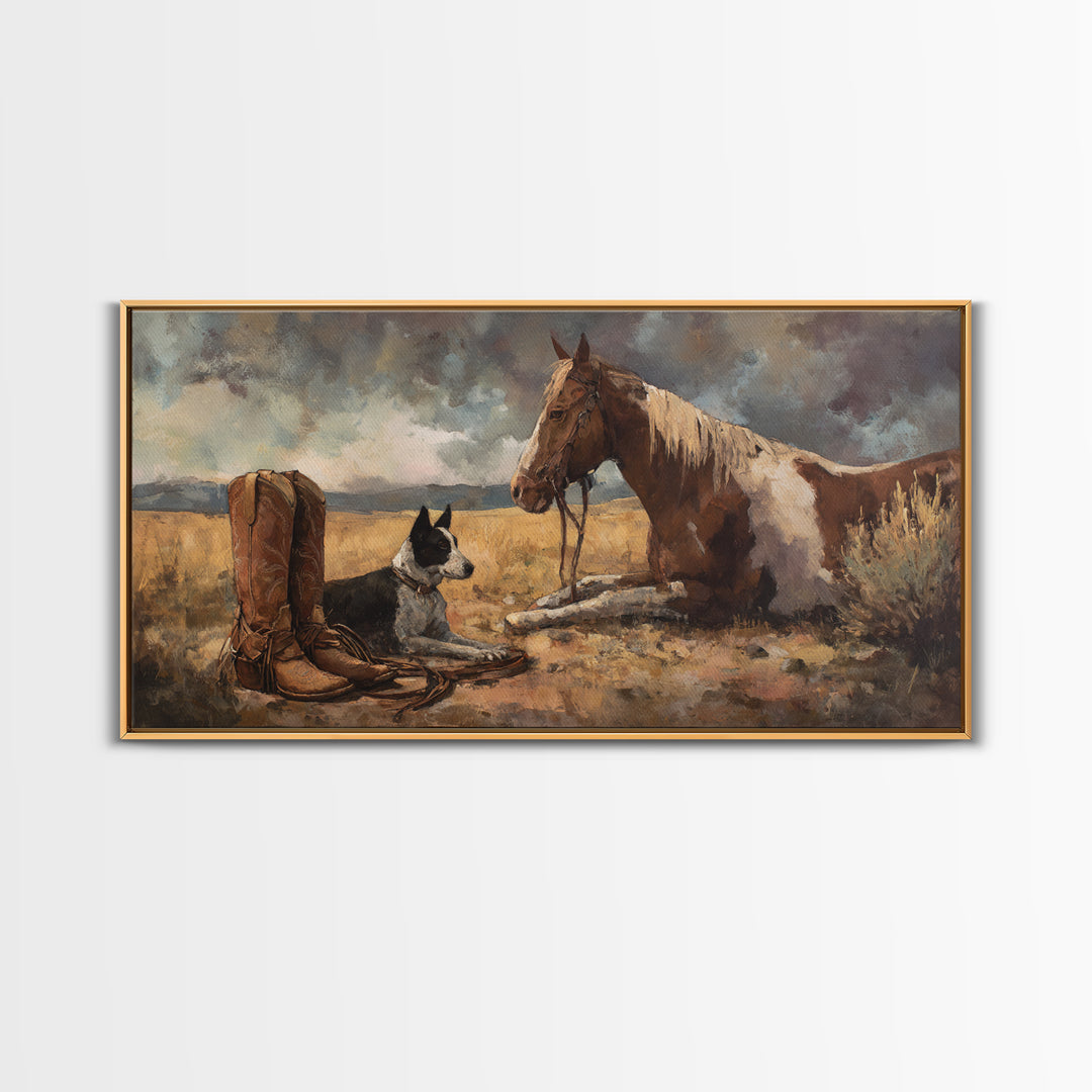 Ranch Dog Beside Worn Boots Canvas Print, Western Art, Cowboy Art, Southwestern Decor, Fine Art, Frontier, Rustic Wall Art, WES-2x1-89