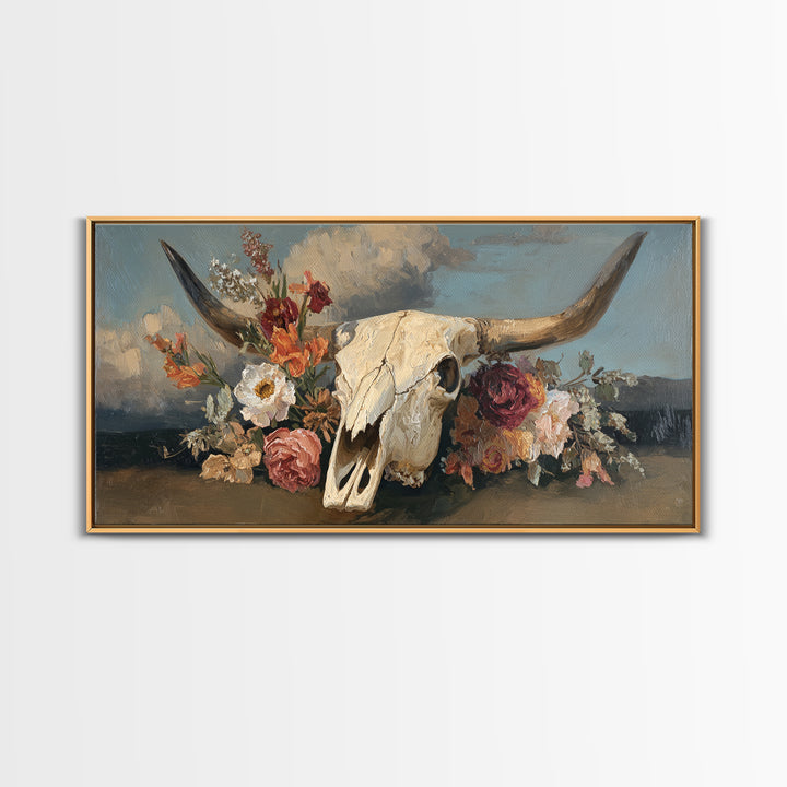 Longhorn Skull with Desert Flowers Framed Canvas Print, Western Art, Neutral Decor, Southwestern Decor, Oil Painting, Frontier, WES-2x1-95