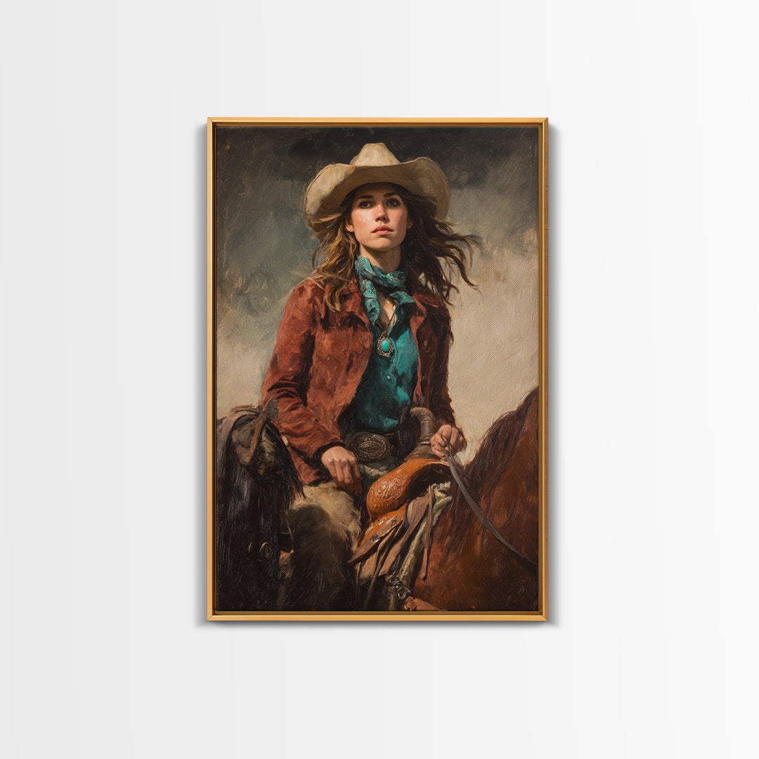Cowgirl Portrait with Turquoise Jewelry Canvas Print, Western Art, Wall Art, Southwestern Decor, Oil Painting, Frontier, WES-2x3-14