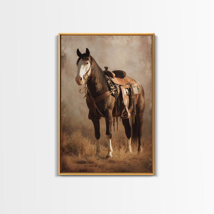 Western Saddle and Rope on Weathered Wood Framed Canvas Print, Western Art, Southwestern Decor, Watercolor Art, Frontier, WES-2x3-18