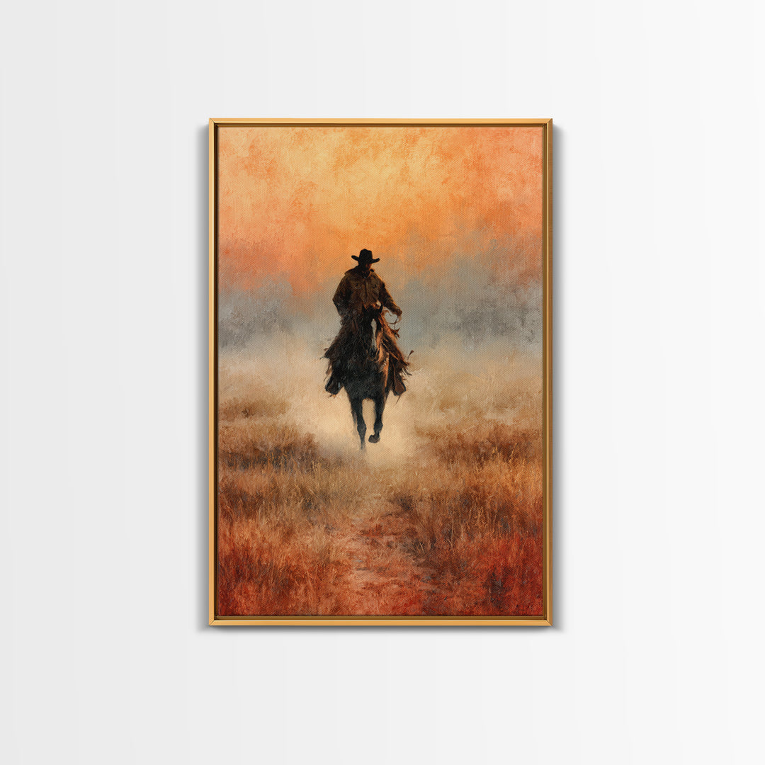 Cowboy Riding Across Dusty Sunset Plains Canvas Print, Western Art, Landscape Painting, Southwestern Decor, Frontier, WES-2x3-33