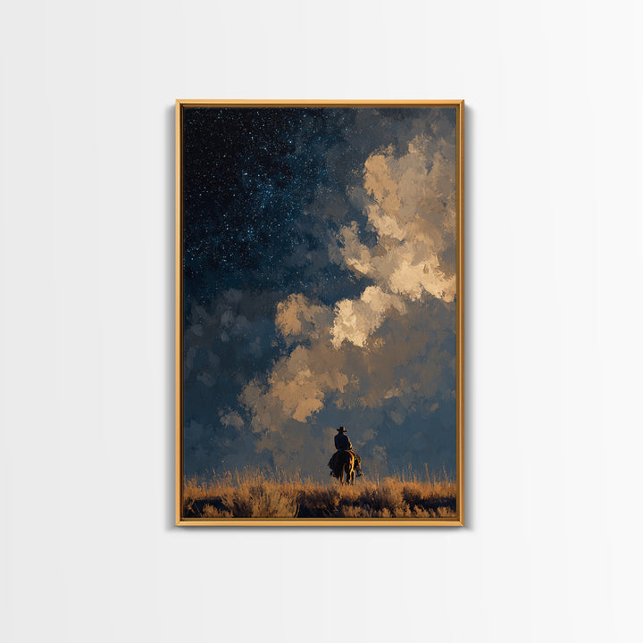 Cowboy Campfire under Starry Sky Framed Canvas Print, Western Art, Art, Southwestern Decor, Frontier, Western Wall Art, WES-2x3-46