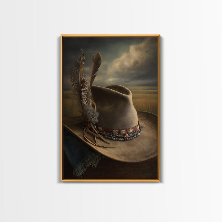 Cowboy Hat with Feathers and Beads Canvas Print, Western Art, Painting, Southwestern Decor, Fine Art, Frontier, Trendy Wall Art, WES-2x3-54