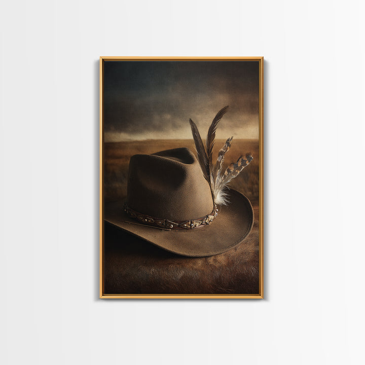 Cowboy Hat with Feathers and Beads Framed Canvas Print, Western Art, Minimalist Decor, Southwestern Decor, Fine Art, Frontier, WES-2x3-6