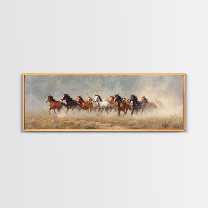 Wild Mustang Herd Framed Canvas Print, Western Art, Minimalist Wall Art, Southwestern Decor, Fine Art, Frontier, Horse Art, WES-3x1-18