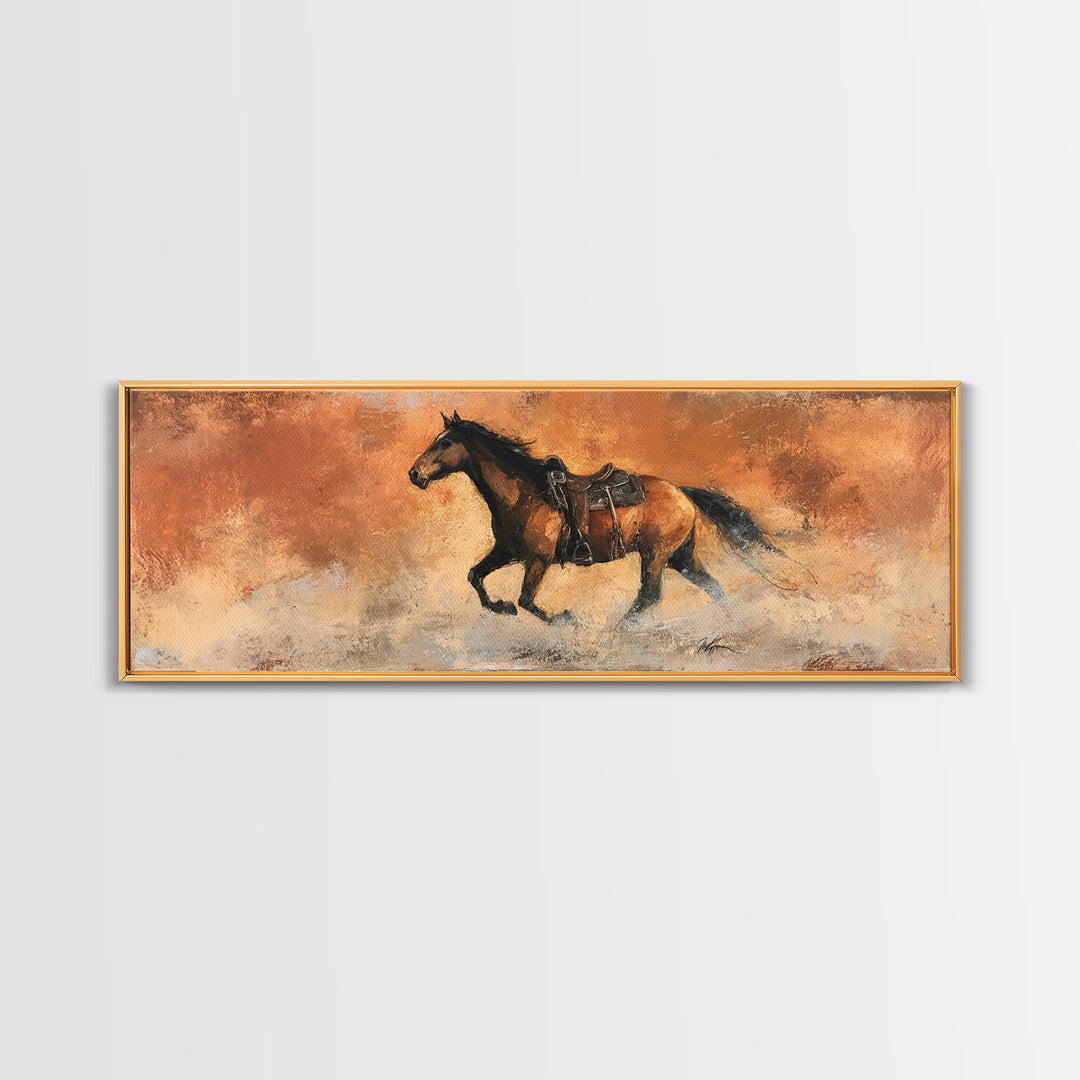 Buckskin Horse in Golden Prairie Light Framed Canvas Print, Western Art, Room Decor, Southwestern Decor, Fine Art, Frontier, WES-3x1-23