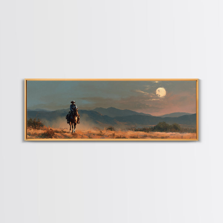 Desert Moon over Lone Rider Canvas Print, Western Art, Fine Art Print, Southwestern Decor, Fine Art, Frontier, Wall Decor, WES-3x1-3