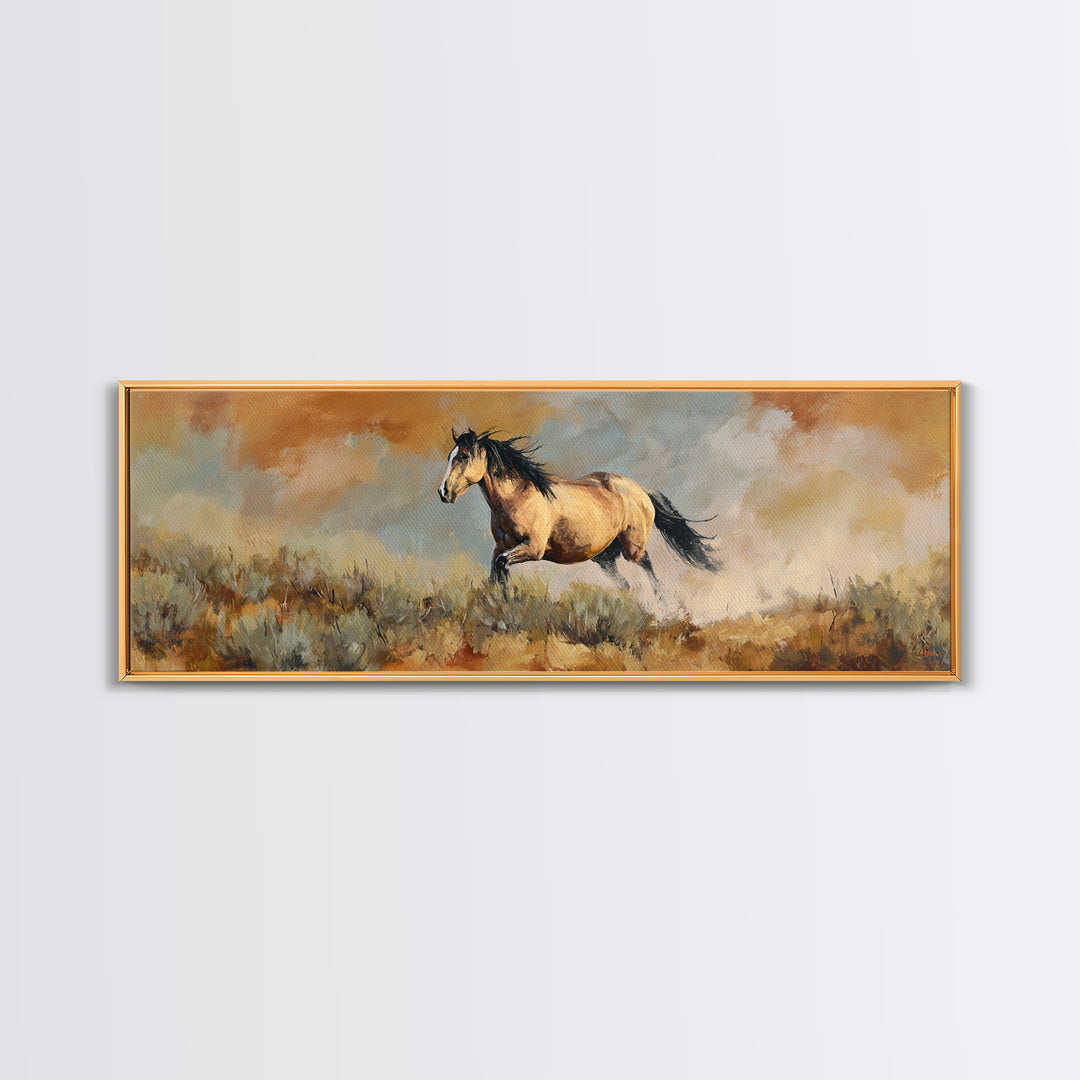 Buckskin Horse in Golden Prairie Light Canvas Print, Western Art, Western Decor, Southwestern Decor, Fine Art, Frontier, WES-3x1-71
