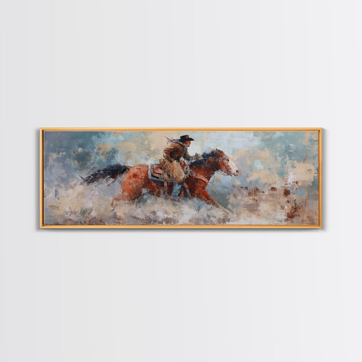 Rodeo Rider Mid Motion Framed Canvas Print, Western Art, Neutral Decor, Southwestern Decor, Fine Art, Frontier, Home Decor, WES-3x1-73