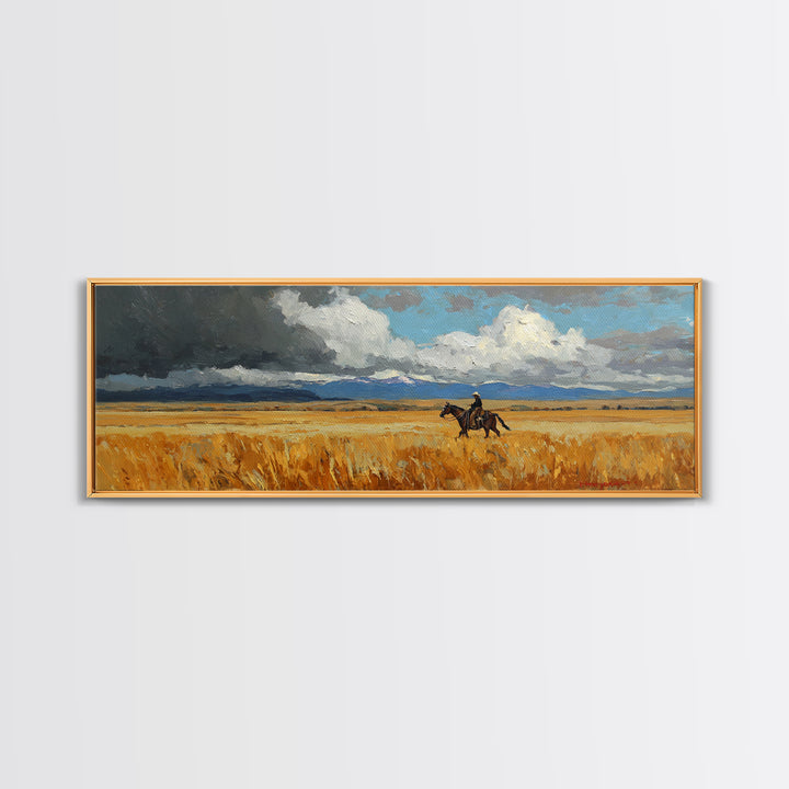 Golden Wheat Field Canvas Print, Western Art, Wall Art, Southwestern Decor, Oil Painting, Frontier, Minimalist Wall Art, WES-3x1-88