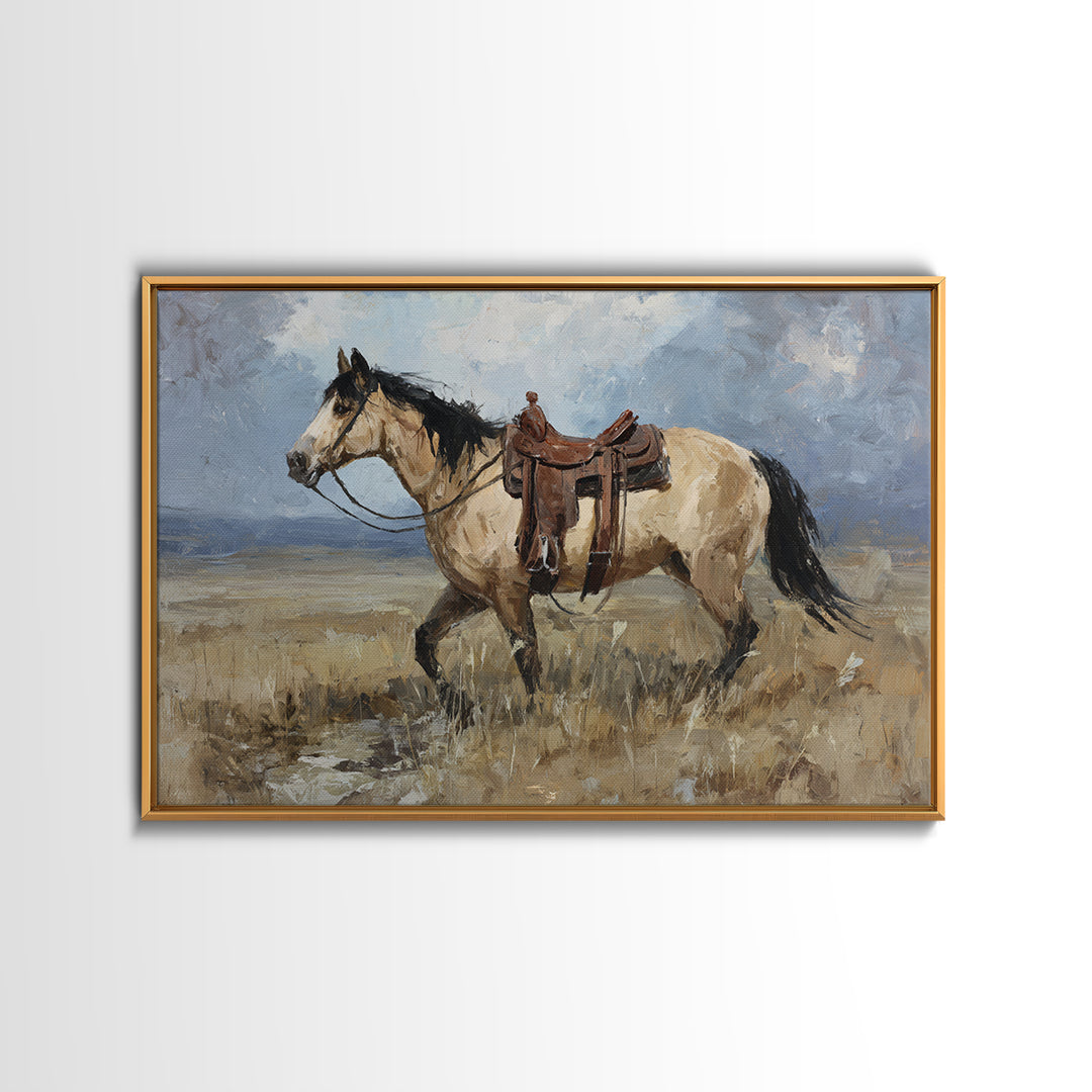 Buckskin Horse in Golden Prairie Light Canvas Print, Western Art, Modern Decor, Southwestern Decor, Fine Art, Frontier, WES-3x2-11