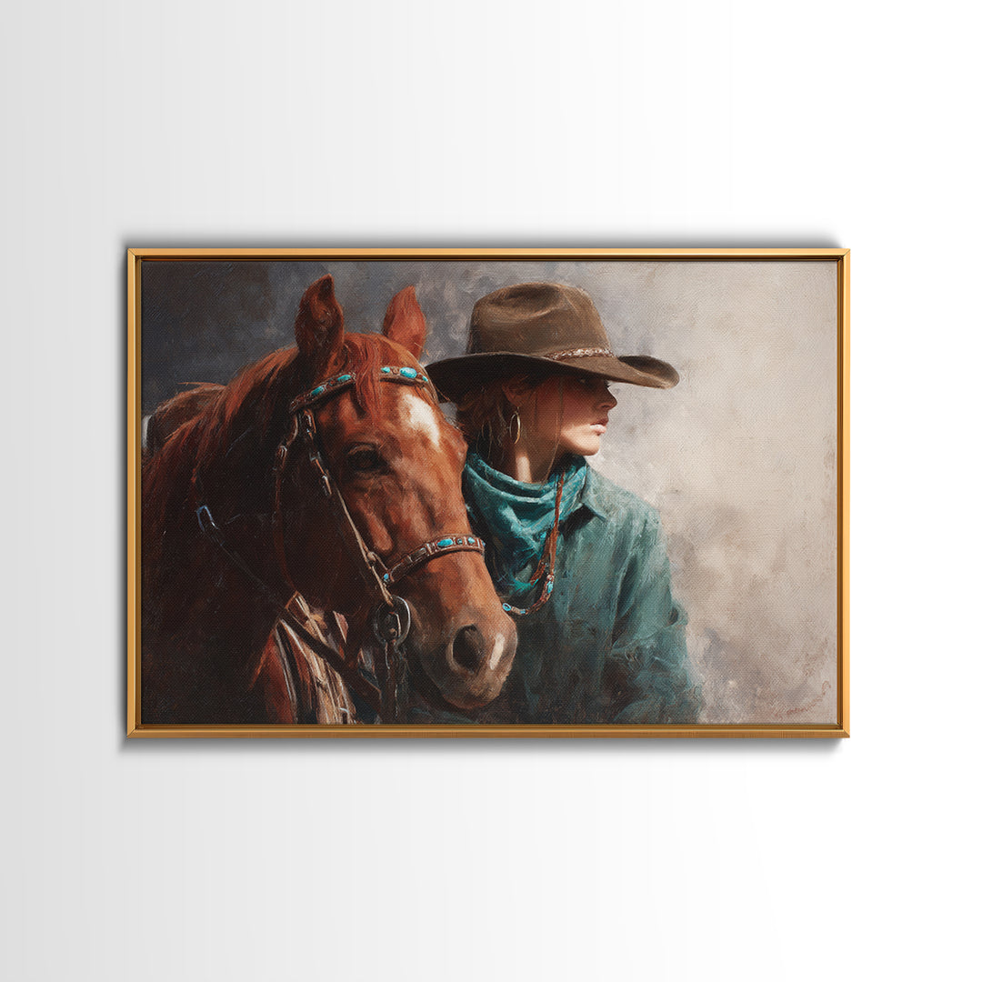 Cowgirl Portrait with Turquoise Jewelry Canvas Print, Western Art, Southwestern Decor, Fine Art, Frontier, Boho Decor, WES-3x2-58