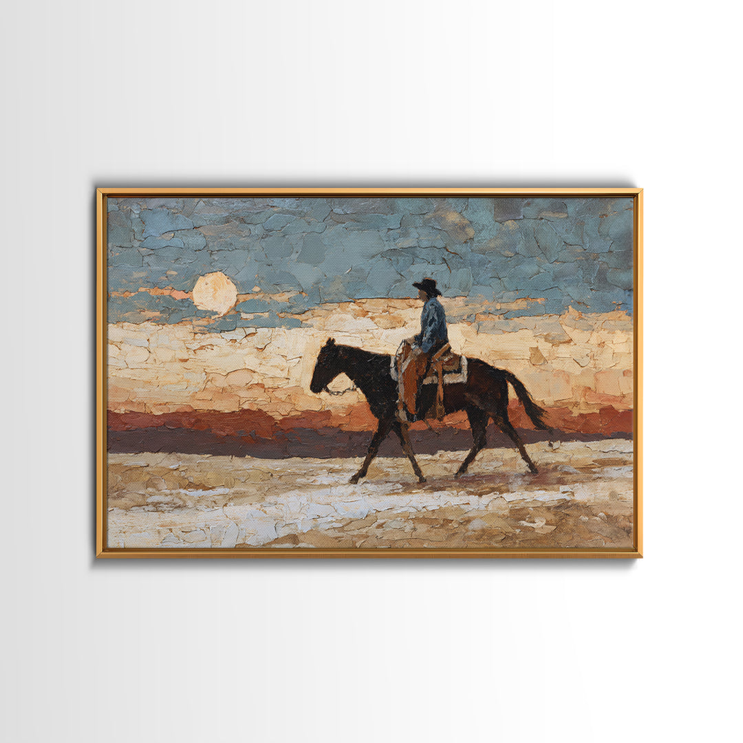 Desert Moon over Lone Rider Framed Canvas Print, Western Art, Western Home Decor, Southwestern Decor, Oil Painting, Frontier, WES-3x2-63
