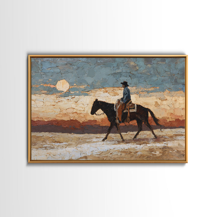 Desert Moon over Lone Rider Framed Canvas Print, Western Art, Western Home Decor, Southwestern Decor, Oil Painting, Frontier, WES-3x2-63