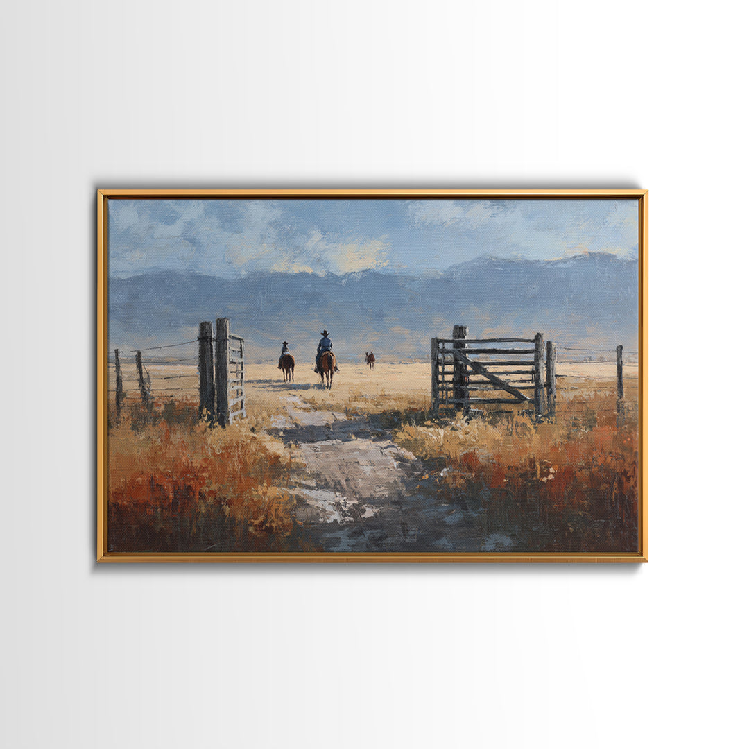 Sun Bleached Ranch Gate Framed Canvas Print, Western Art, Western Wall Art, Southwestern Decor, Watercolor Art, Frontier, WES-3x2-91