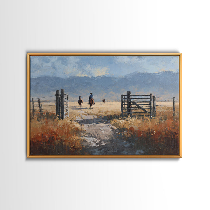 Sun Bleached Ranch Gate Framed Canvas Print, Western Art, Western Wall Art, Southwestern Decor, Watercolor Art, Frontier, WES-3x2-91