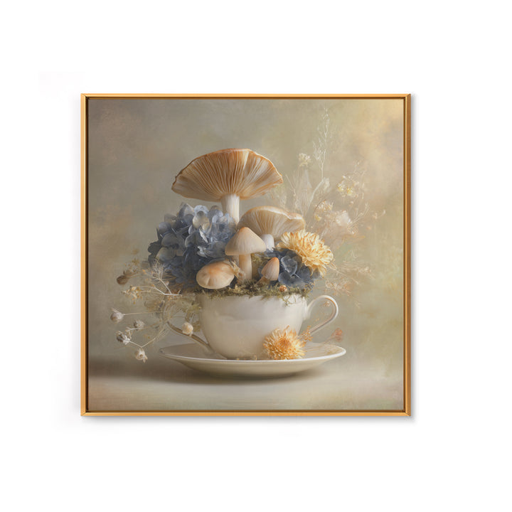 Teacup Garden with Tiny Mushrooms Framed Canvas Print, Whimsical Art, Watercolor Art, Living Room Decor, Fine Art, Wonder, WHI-1x1-100